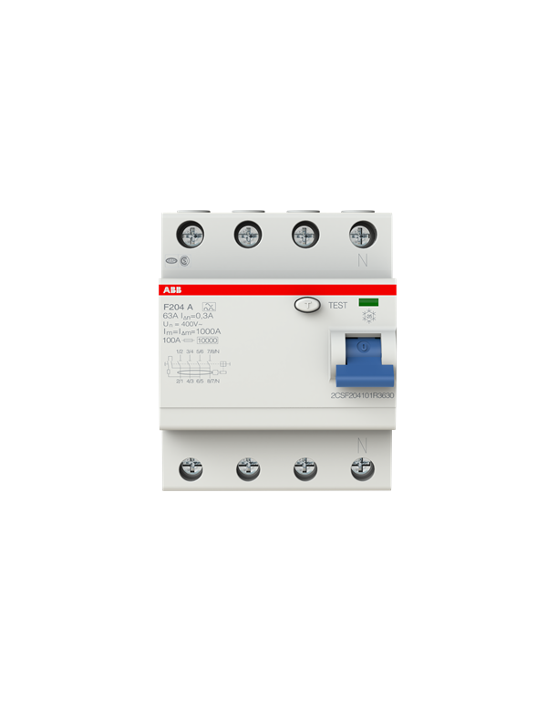 ABB F204A-63/0,3 FI-Schalter, 63A/0,3mA, 4-Polig ABB F204A-63/0,3 FI-Schalter, 63A/0,3mA, 4-Polig